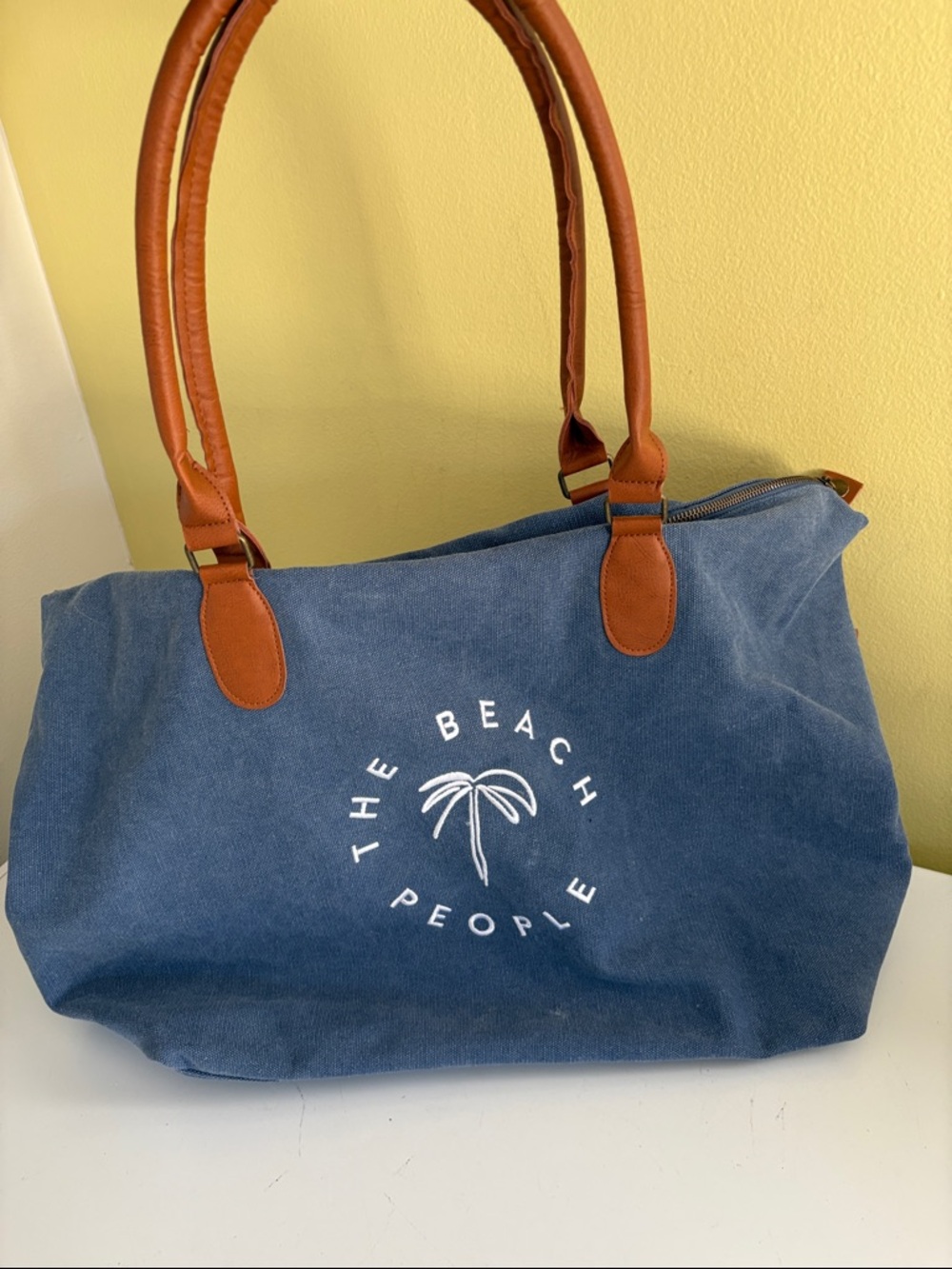 The Beach People Navy Cotton Canvas Tote with Faux Leather Brown Handles